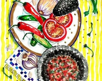 La Endiablada / Molcajete" Original Art and Giclee Prints by Karina Gomez - Mexican Art - Kitchen Decor  - Cocina Mexicana - Salsa