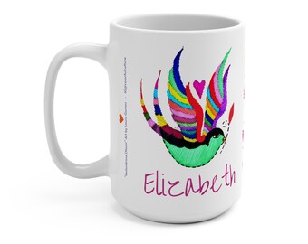 CUSTOM NAME,LARGE 15oz Mug"Golondrina Otomi"Mexican Folk Art by Laura Gomez,Gifts for Latina,Cafecito Taza,Custom Text design,Embroidery