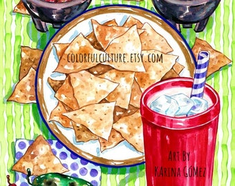 Y una Horchata Grande por Favor  / Chips con Horchata" Original Art and Prints by Karina Gomez- Mexican Art- Kitchen Decor- Cocina Mexicana