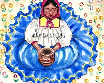 Tarahumara con Flores y Canasta -  Art by Karina Gomez - Arte Mexicano - Mexican Art - Original Art and Prints Available - Raramuri Art