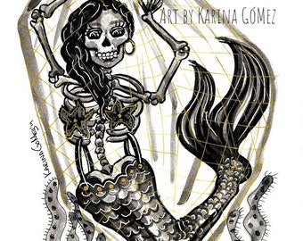 Sirena Morena / Tanned Mermaid" Original Art and Giclee Prints by Karina Gomez - Mexican Art - Dia de los Muertos - Day of the Dead Art