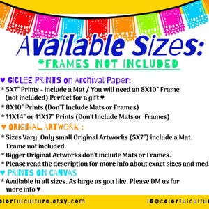 Puede incluir: Un gr&aacute;fico con un fondo amarillo y un borde de guirnalda de papel de colores. El texto "Available Sizes" est&aacute; en azul con un contorno negro. El texto "*FRAMES NOT INCLUDED" est&aacute; en negro. El texto de abajo enumera los diferentes tama&ntilde;os de impresi&oacute;n y si incluyen una alfombra o un marco. El texto "colorfulculture.etsy.com" e "IG@colorfulculture" est&aacute;n en la parte inferior del gr&aacute;fico.