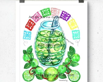 Agua Fresca de Limon/Limonada"Original Painting & Prints by Karina Gomez-Kitchen Wall Decor-Mexican Cocina Food,Folk Latin Art-Drinks Poster