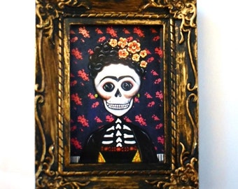 Frida- Mini Print Fridge Magnet on Golden Antique Frame-3.5" X 2.75" - Dia de los Muertos Arte- Day of the Dead Art