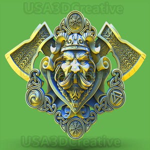 Viking with Axes STL 3D model for CNC router, wood art, wall decoration, aspire, artcam, cnc engraving