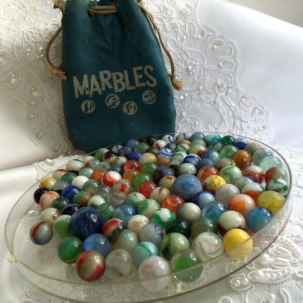 Vintage Glass Marble Collection with leather pouch, various size marbles, 113 total, Antique toy collectable