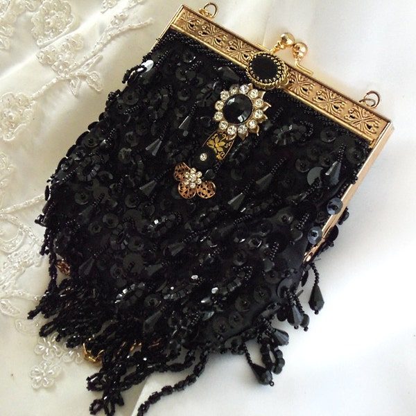 Black evening bag, beaded, gold trim with vintage jewels, Red Carpet Series, One of a kind couture cocktail purse, RESERVED