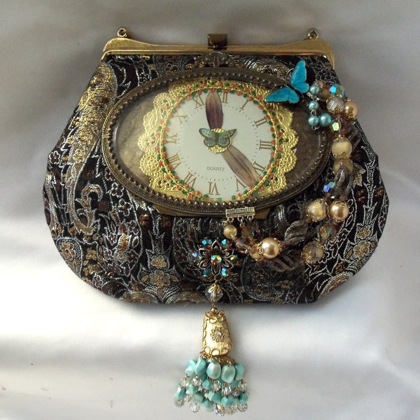 Steampunk Purse, Butterfly, Metallic copper, silver, gold, blue butterfly in antique brass frame with beads n crystals, LAYAWAY PLANS