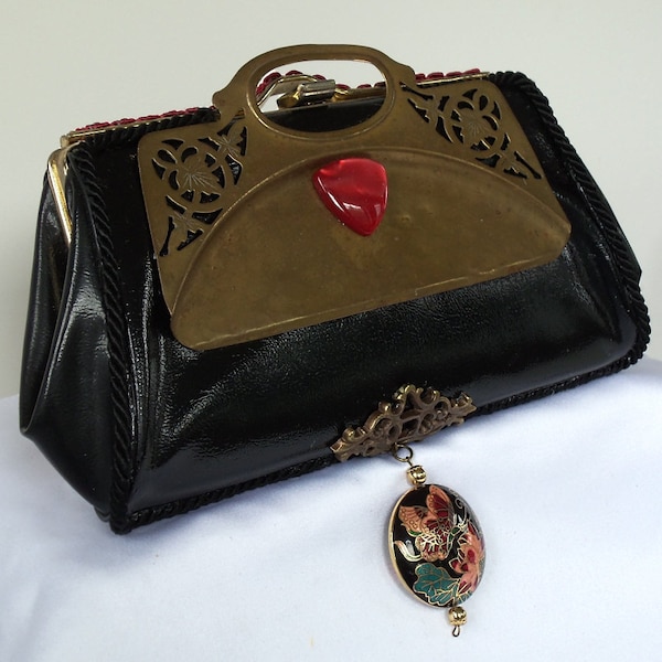 Brass plated handbag, Steampunk vintage clutch, OOAK, black soft vinyl evening purse.