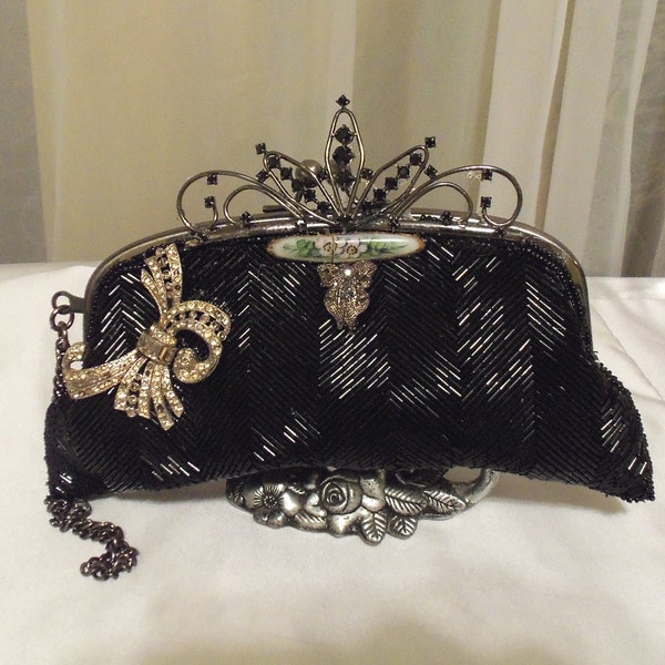 Stunning Black Evening Clutch, Wristlet, Beaded bejeweled Formal Purse, Avant Garde Rhinestone beauty.