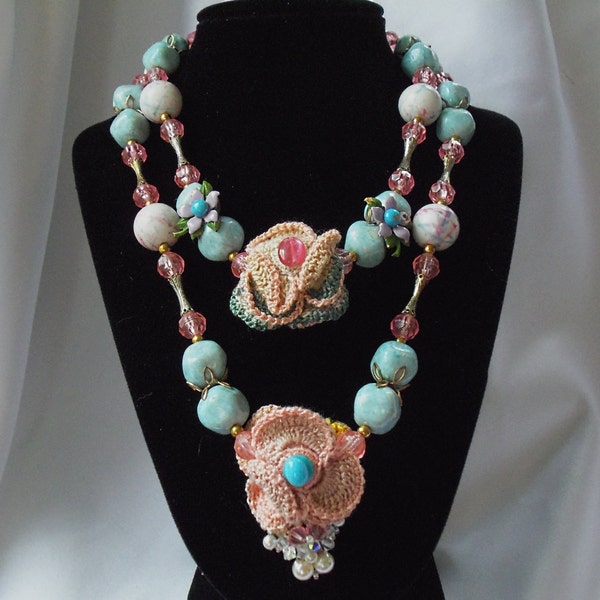 Pastel beaded necklace, pink n blue beads, gems and vintage crochet flowersLAYAWAY PLANS