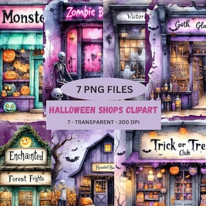 7 - Halloween Storefront Clipart Bundle – Cute Haunted Shops – Spooky Cartoon Buildings – Transparent PNG – Digital Download