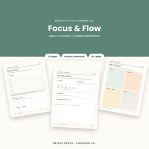 ADHD Executive Function Worksheets | Focus & Flow Printable Planner for Adults and Teens | Task Breakdown, Time Tracker, Priority Sort PDF