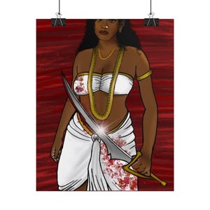 May include: Illustration of a person in white attire, adorned with gold jewelry, holding a large sword. The artwork features a red background and a focus on the figure's dark skin and expression.