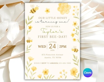 Floral Bee First Birthday Invitation: Editable Bumblebee Evite