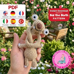 Schema amigurumi per Sid il bradipo, schema all'uncinetto per bradipo, schema per bradipo dal collo lungo, tutorial all'uncinetto per il personaggio dell'era glaciale, giocattolo bradipo, tutorial in PDF