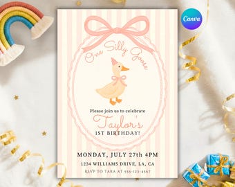 Editable One Silly Goose 1st Birthday Invitation, Silly Goose Birthday Invitation, One Silly Goose Birthday Invite, Canva Instant Download