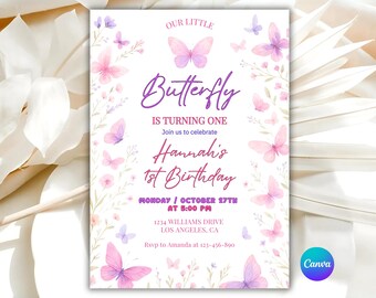 EDITABLE Butterfly Invitation, Butterfly Birthday Invitation, Purple Butterfly Bday Invitation, Pink Butterfly Party Invite Instant Download