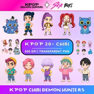KPop Demon Hunters Chibi Clipart Bundle, Kpop Hunter Demon Style, 20+ Cute Digital PNG for Stickers & Planners - Rumi, Mira, Zoey, Saja Boys