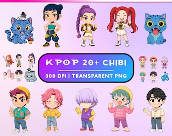 Paquete de imágenes prediseñadas chibi de cazadores de demonios del KPop, estilo de cazadores de demonios del KPop, más de 20 PNG digitales adorables para pegatinas y agendas: Rumi, Mira, Zoey, Saja Boys