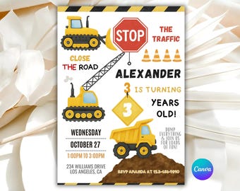 Construction Birthday Invitation, Construction Invitation, Dump Truck Party Invite, 3rd Birthday Invite Printable Template, Editable Canva