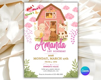 Editable pink Farm Birthday Invitation, Farm Animals Birthday Invite, Girl Barnyard Birthday, Girl Farm, Floral Barnyard Animals, pink farm
