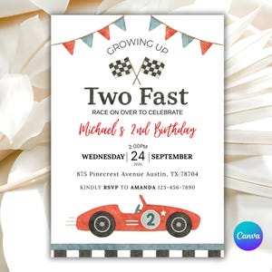 Convite de aniversário Two Fast, aniversário de carro de corrida vintage, convite de aniversário Two Fast editável, aniversário de carro de corrida retrô, convite digital