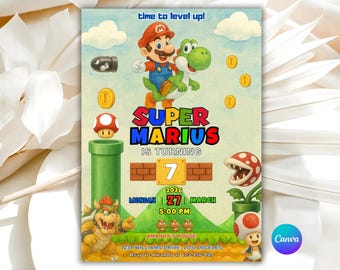 Invitación editable de Super Mario, invitación de cumpleaños de Mario Bros., invitación imprimible para fiesta de cumpleaños, plantilla digital para invitación de fiesta de cumpleaños