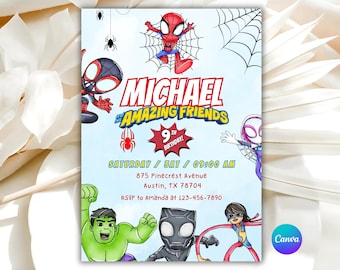 Invitación de cumpleaños de Spidey y sus amigos: Fiesta de superhéroes, plantilla editable de Canva (descarga digital)