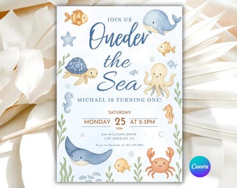 Invitación de cumpleaños de Oneder the Sea, plantilla editable de Canva, animales marinos en acuarela, invitación de cumpleaños infantil náutica oceánica, descarga digital