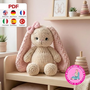 Crochet Bunny Plush Pattern PDF, Bunny Amigurumi Pattern, Rabbit Toys Pattern, Digital Download ( Deutsch, Italiano, Français, Español )