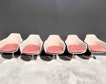 Set of 5 Burke Tulip Swivel Armchairs - White Fiberglass Shell w/ Pink Cushions