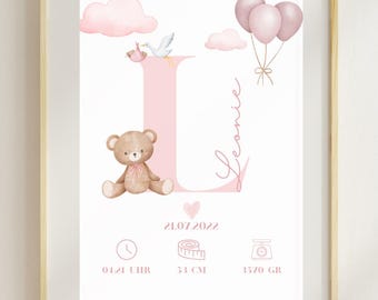 Personalized Baby Poster with Initial & Teddy Bear | Birth Poster for Girls and Boys | Nursery Wall Art | Baby Shower Gift