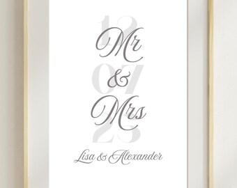 Personalized Mr & Mrs Poster – Wedding Gift with Names and Year – Minimalist Art Print – Wedding Wall Art