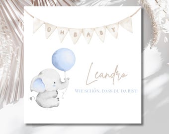 Cartão personalizado para o nascimento do bebê – Oh, bebê elefante – Bem-vindo, bebê – Cartão com nome – Presente de nascimento – Meninos e meninas