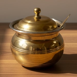 Puede incluir: Un pequeño recipiente redondo de color latón con tapa y una cuchara pequeña. El recipiente tiene un borde plateado y una banda decorativa alrededor del centro. La tapa está rematada con un pequeño pomo. El recipiente está sobre una superficie de madera.