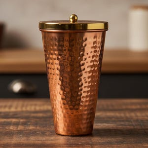May include: A copper-colored tumbler with a hammered texture and a gold-colored rim and lid. The lid has a small, round gold knob. The tumbler is cylindrical and sits on a wooden surface. The background is blurred, suggesting a kitchen setting.