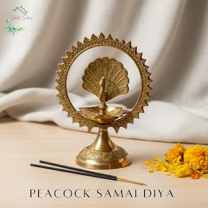 Peacock Samai Diya, Brass Oil Lamp, Traditional Indian Diya Lamp, Temple Puja Decor, Handmade Religious Brass Lamp | Shrutik Creations