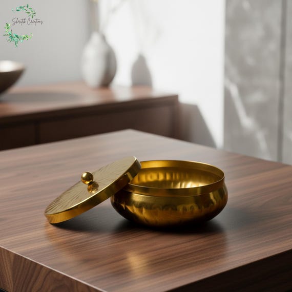 Hand Hammered Golden Storage Box, Decorative Golden Bowl with Lid, Puja Altar Bowl, Spice Container, Trinket Box, Unique Home Décor Gift