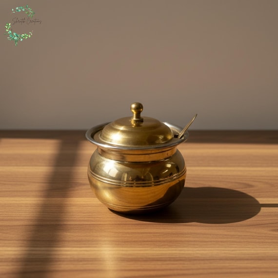 Pure Brass Ghee Pot with Lid and Spoon, Traditional Brass Container, Handmade Brass Storage Pot for Kitchen & Puja Use Brass Ghee Container