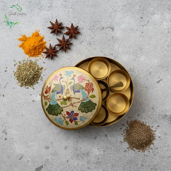 Handcrafted Brass Masala Box with Hand-Painted Peacock Design | Indian Spice Box for Kitchen & Dining | Traditional Gift for Her Masala Dani