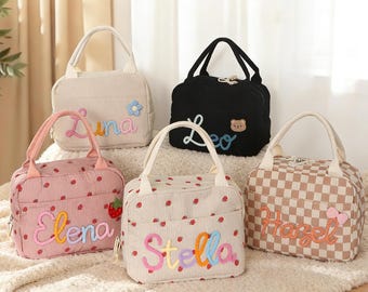 Personalisierte Kinder Lunch Bag mit Namen, benutzerdefinierte Cord Lunch Organizer für Kinder, Picknicktasche, Geschenk zum Schulanfang, süße Mädchen Lunchbox
