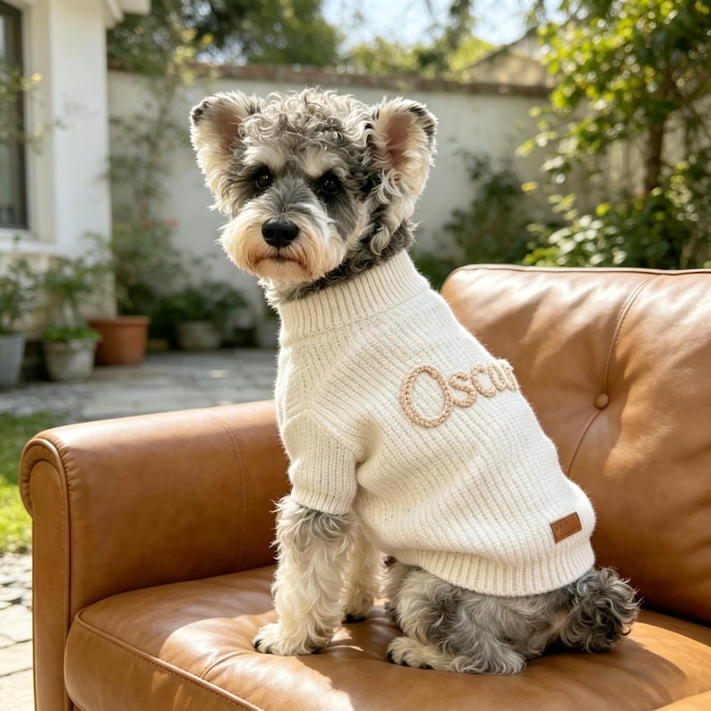 May include: A small dog wearing a cream-colored sweater with the name "Oscar" embroidered on it. The dog is sitting on a brown leather couch. The sweater has a ribbed texture and a small brown tag.
