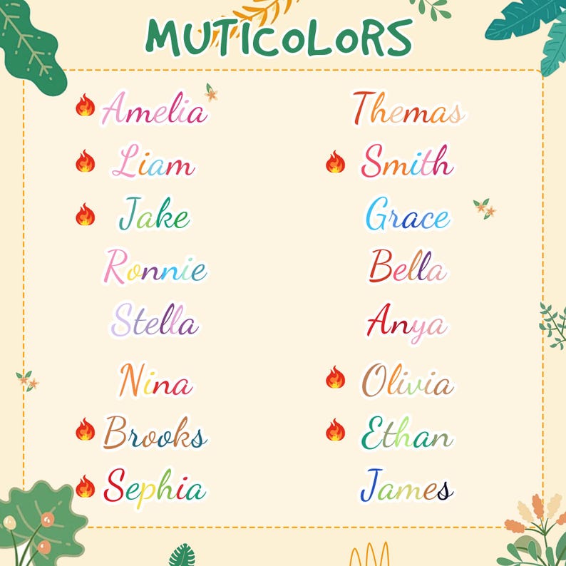 May include: A decorative poster with the word "MUTICOLORS" at the top. The poster features a list of names in various colors, such as Amelia, Liam, Jake, Ronnie, Stella, Nina, Brooks, Sephia, Themas, Smith, Grace, Bella, Anya, Olivia, Ethan, and James.