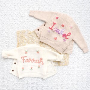 Chunky Embroidered Cardigans, Personalized Baby Name Cardigan, Knitted Newborn Sweater, New Baby Gifts image 9