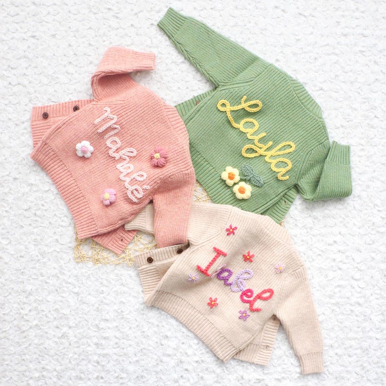 Chunky Embroidered Cardigans, Personalized Baby Name Cardigan, Knitted Newborn Sweater, New Baby Gifts image 11