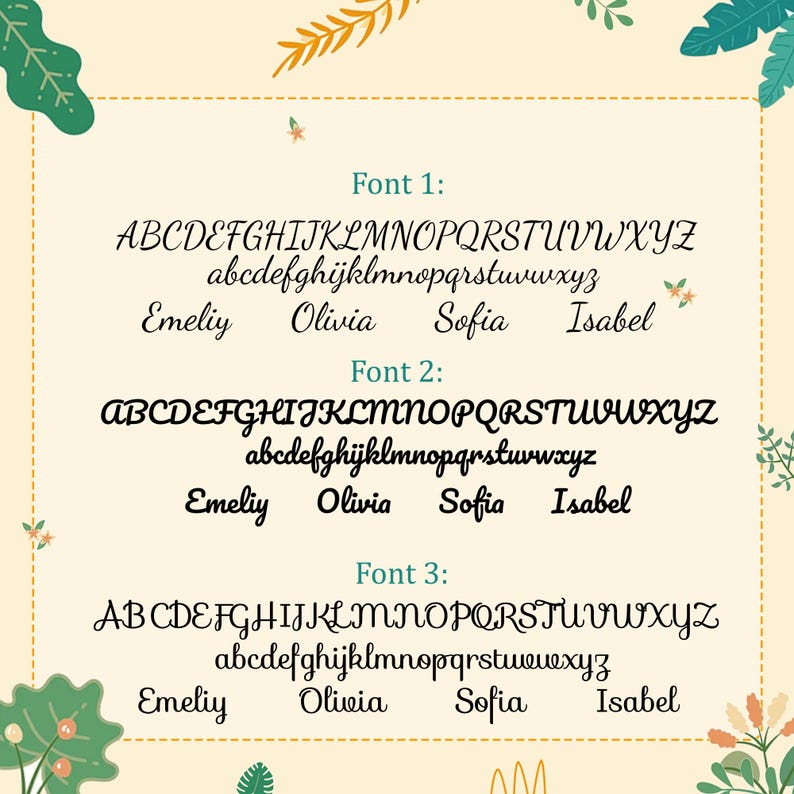 May include: A cream-colored background displays three different font styles, each showcasing the alphabet in uppercase and lowercase, along with the names Emeliy, Olivia, Sofia, and Isabel. Decorative floral elements frame the text.
