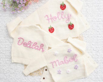 Hand Embroidered Baby Knit Cardigan, Knitted Baby Jacket, Personalised Crochet Cardigans for Newborn, Name on Back Jumper, Baby Shower Gift