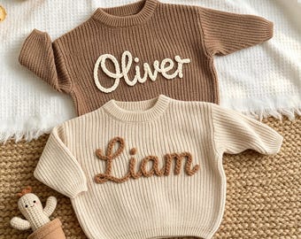 Personalized Baby Name Sweater, Hand-Embroidered Cotton Knit Sweater, Newborn Coming Home Outfit, Birthday Gift, Christmas Gift for Baby