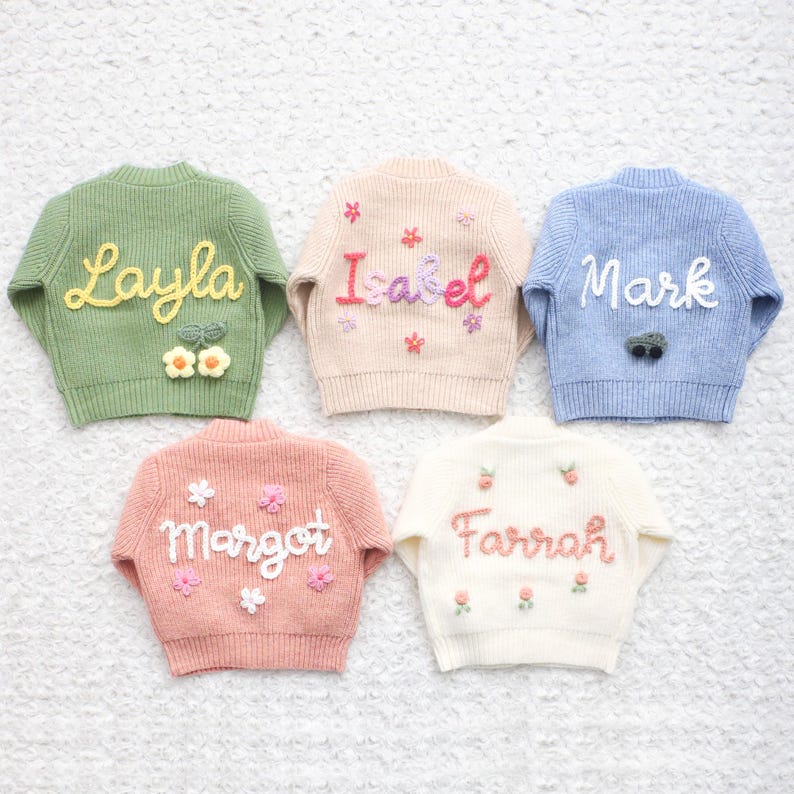 Chunky Embroidered Cardigans, Personalized Baby Name Cardigan, Knitted Newborn Sweater, New Baby Gifts image 13